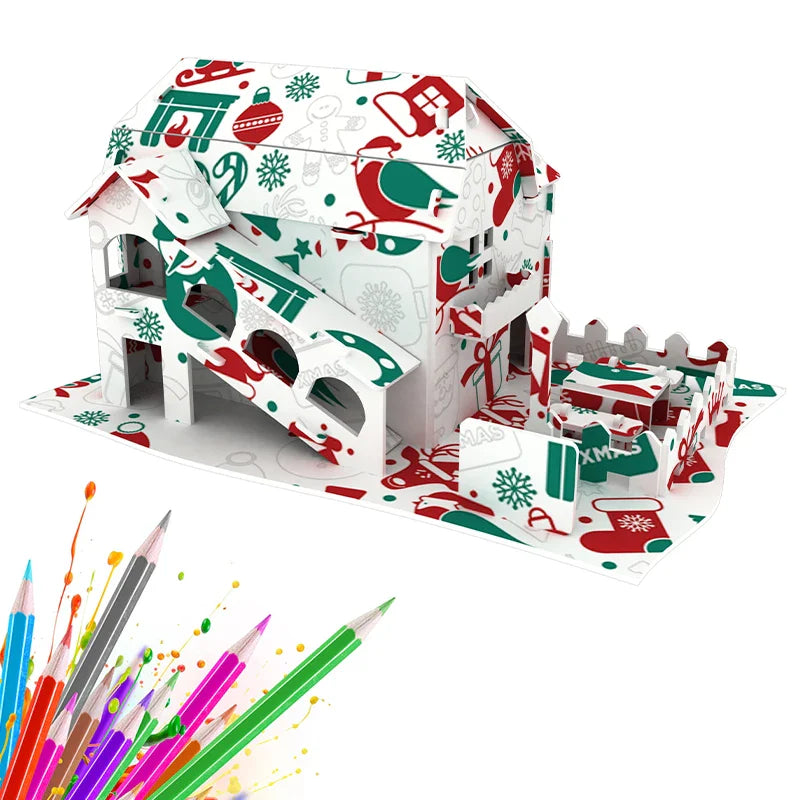 HKM-423059 3D DIY Paper Coloring Puzzle Christmas House Assembly for Kids