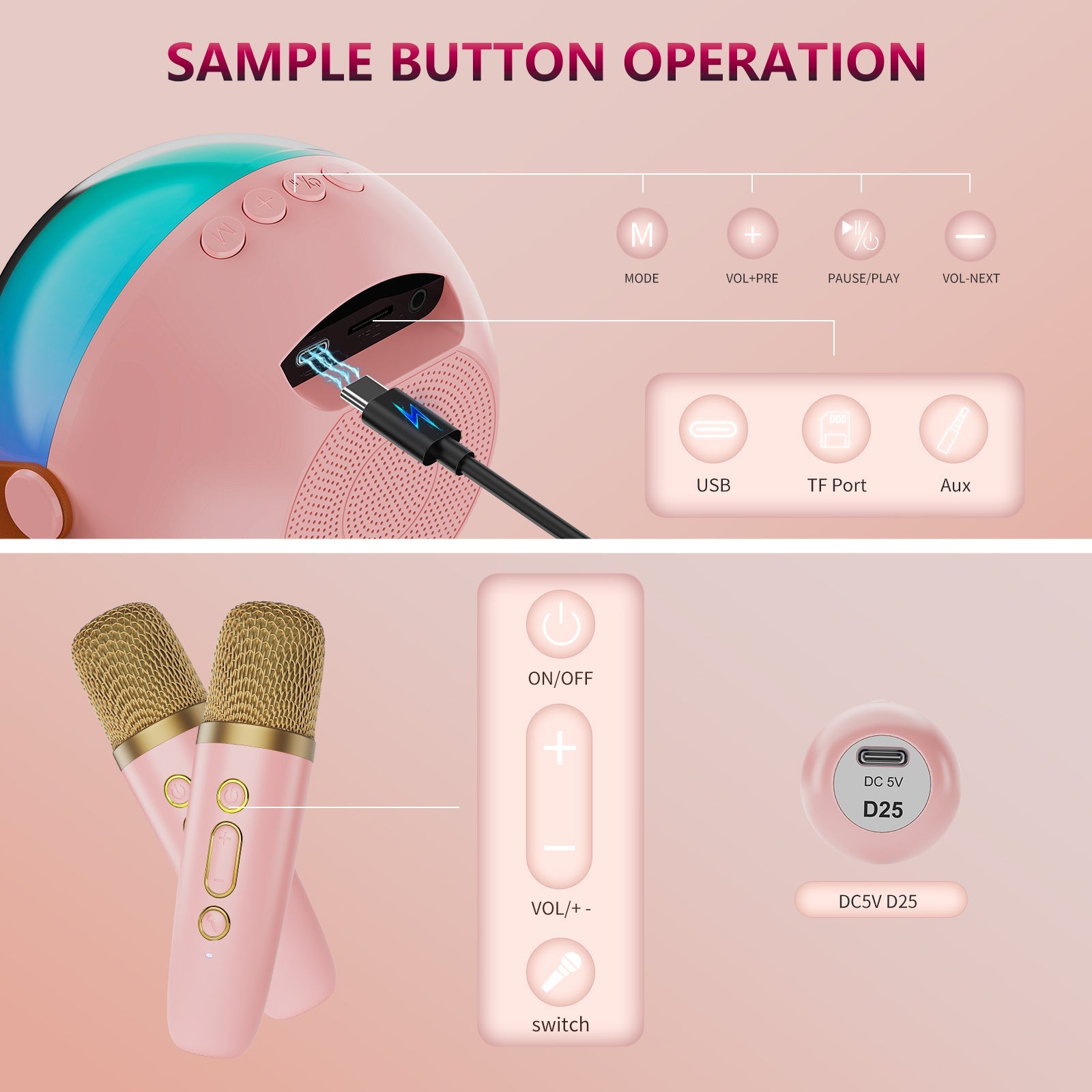 KTX-423187 Mini Karaoke Machine with Colorful Lights and Wireless Microphones