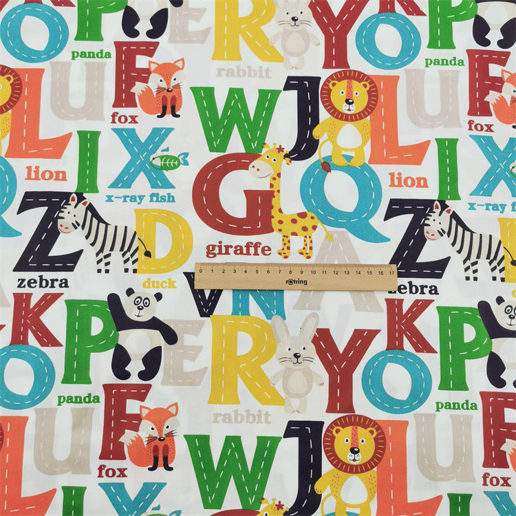 HKM-423315 Alphabet Cartoon Animal Cotton Twill Fabric for Children's Bedding and Clothing, 100% Cotton, 160cm Width