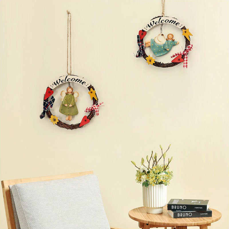 HKM-423443 Creative Wooden Welcome Board with Decorative Garland for Home Entryway