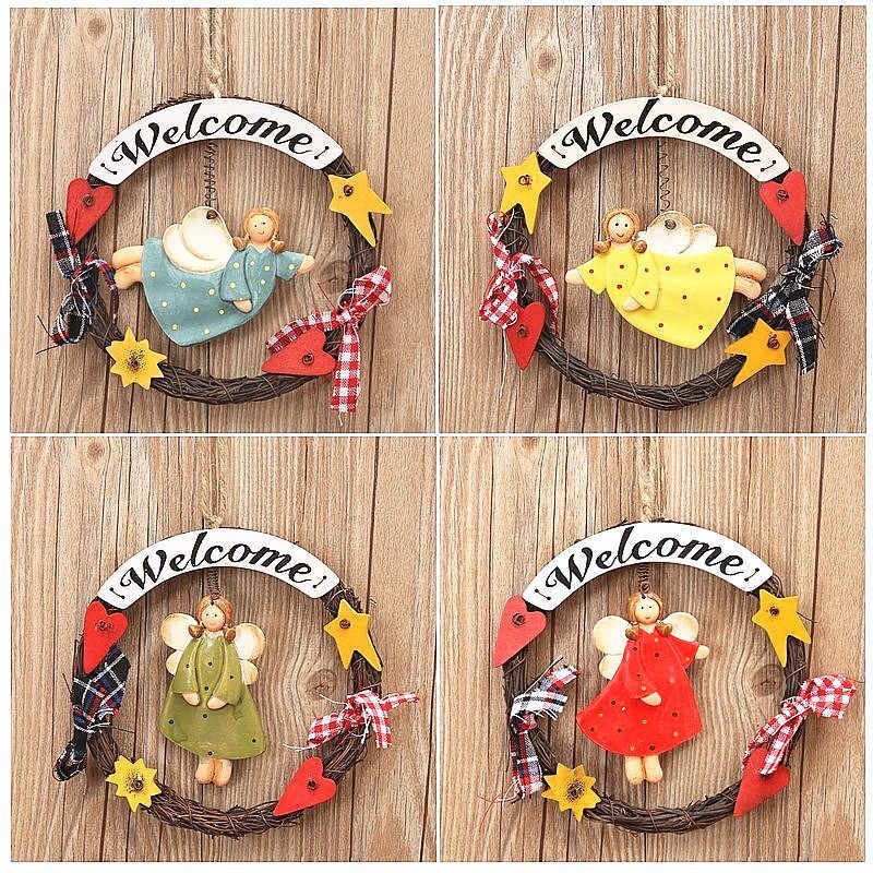 HKM-423443 Creative Wooden Welcome Board with Decorative Garland for Home Entryway