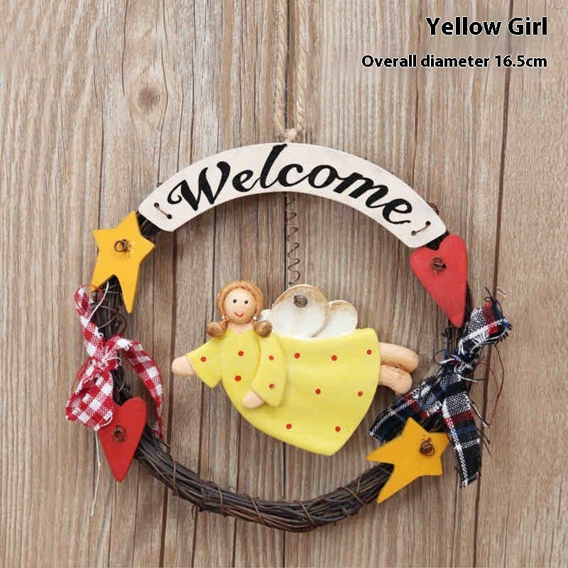HKM-423443 Creative Wooden Welcome Board with Decorative Garland for Home Entryway