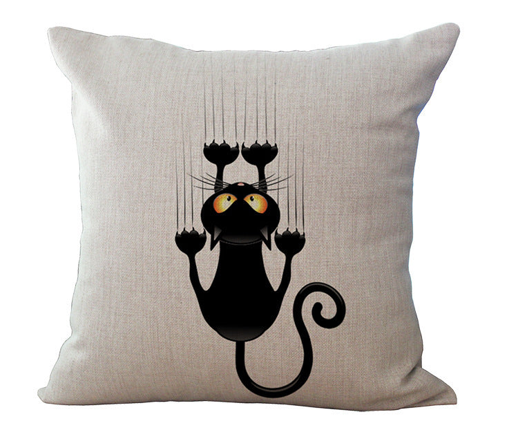 KTX-424019 Black and White Cat Printed Cotton Linen Sofa Pillowcase – Decorative 45x45 Cushion Cover