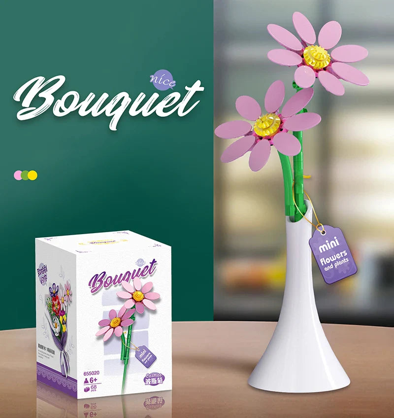 HKM-424211 Single Flower Building Block Toy for Girls - DIY Floral Assembly Kit, Educational Plastic Craft 8+ Years