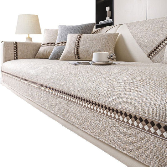 HKM-424531 Cotton and Linen Universal Non-Slip Sofa Cushion Cover with Stripe and Geometric Patterns, Multiple Sizes Available