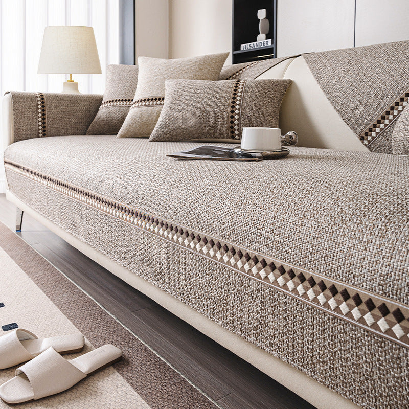 HKM-424531 Cotton and Linen Universal Non-Slip Sofa Cushion Cover with Stripe and Geometric Patterns, Multiple Sizes Available