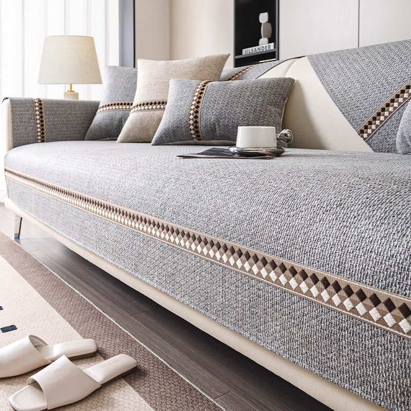 HKM-424531 Cotton and Linen Universal Non-Slip Sofa Cushion Cover with Stripe and Geometric Patterns, Multiple Sizes Available