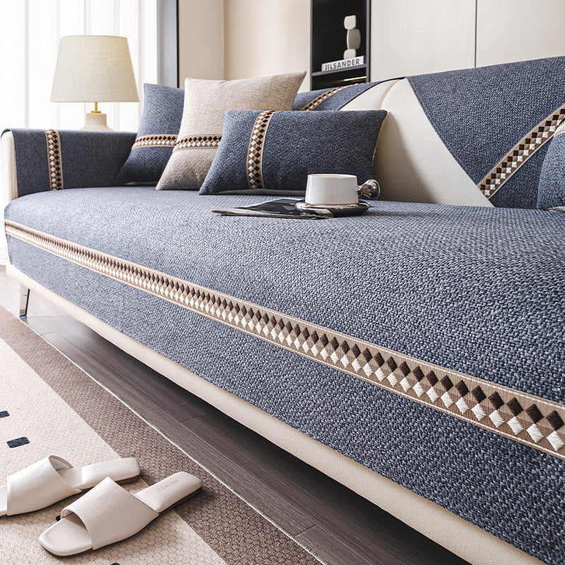 HKM-424531 Cotton and Linen Universal Non-Slip Sofa Cushion Cover with Stripe and Geometric Patterns, Multiple Sizes Available