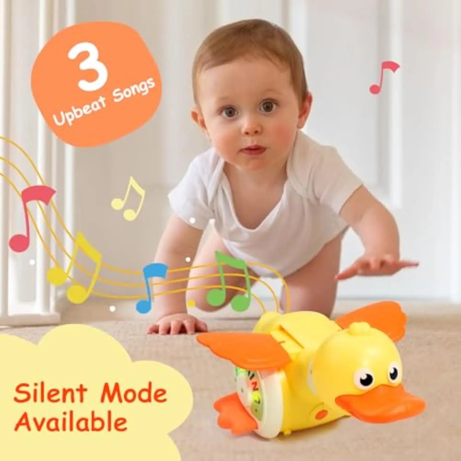 360° Rotating Cute Duck Toy with Sound and Light for Learning and Crawling