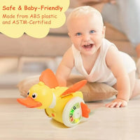 HKM-424595 360° Rotating Cute Duck Toy with Sound and Light for Learning and Crawling