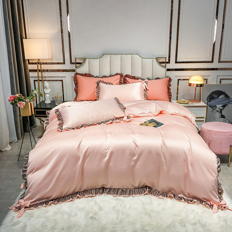 HKM-424787 Summer Ice Silk Four-Piece Bedding Set in Multiple Colors - Includes Quilt Cover, Pillowcases, and Sheets for 1.2m to 2.0m Beds