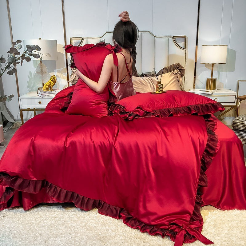HKM-424787 Summer Ice Silk Four-Piece Bedding Set in Multiple Colors - Includes Quilt Cover, Pillowcases, and Sheets for 1.2m to 2.0m Beds