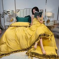 HKM-424787 Summer Ice Silk Four-Piece Bedding Set in Multiple Colors - Includes Quilt Cover, Pillowcases, and Sheets for 1.2m to 2.0m Beds