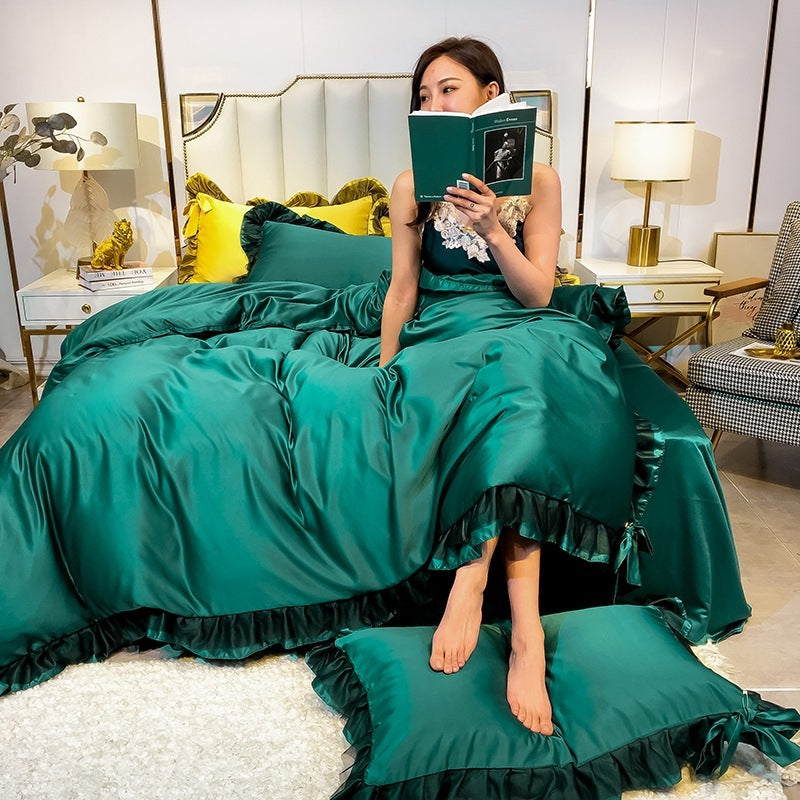 HKM-424787 Summer Ice Silk Four-Piece Bedding Set in Multiple Colors - Includes Quilt Cover, Pillowcases, and Sheets for 1.2m to 2.0m Beds
