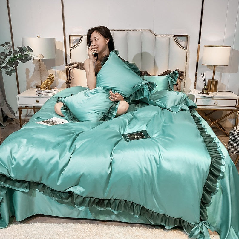 HKM-424787 Summer Ice Silk Four-Piece Bedding Set in Multiple Colors - Includes Quilt Cover, Pillowcases, and Sheets for 1.2m to 2.0m Beds