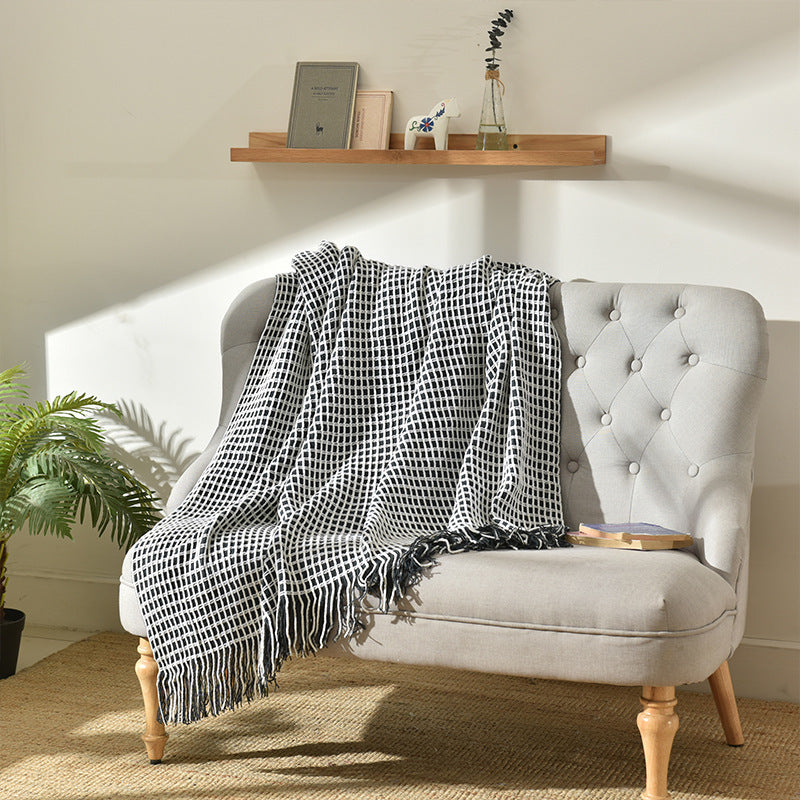 HKM-425107 Waffle Pattern Tassel Woolen Blanket for Sofa - Modern Design 130x170 cm