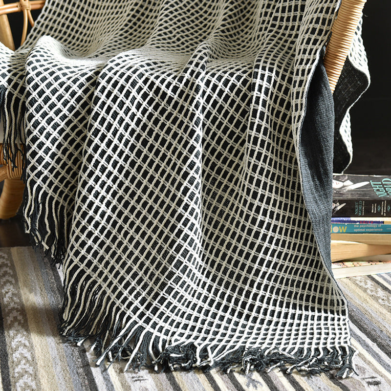HKM-425107 Waffle Pattern Tassel Woolen Blanket for Sofa - Modern Design 130x170 cm