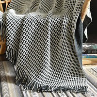 HKM-425107 Waffle Pattern Tassel Woolen Blanket for Sofa - Modern Design 130x170 cm