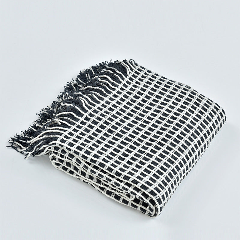 HKM-425107 Waffle Pattern Tassel Woolen Blanket for Sofa - Modern Design 130x170 cm