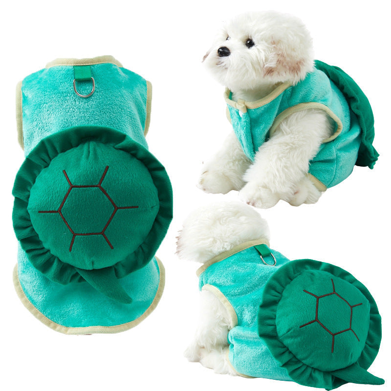 HKM-425427 Cute Turtle Flannel Pet Clothing for Dogs and Cats - Cartoon Style, Green, Various Sizes Available