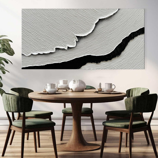 HKM-425875 Hand-Painted Black and White Abstract Sea Waves Oil Canvas Art for Living Room and Bedroom Decor