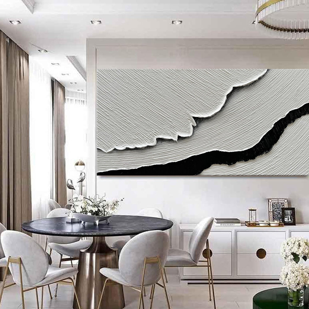 HKM-425875 Hand-Painted Black and White Abstract Sea Waves Oil Canvas Art for Living Room and Bedroom Decor