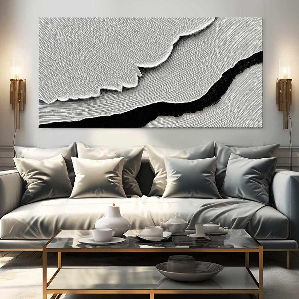 HKM-425875 Hand-Painted Black and White Abstract Sea Waves Oil Canvas Art for Living Room and Bedroom Decor