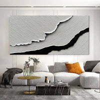 HKM-425875 Hand-Painted Black and White Abstract Sea Waves Oil Canvas Art for Living Room and Bedroom Decor