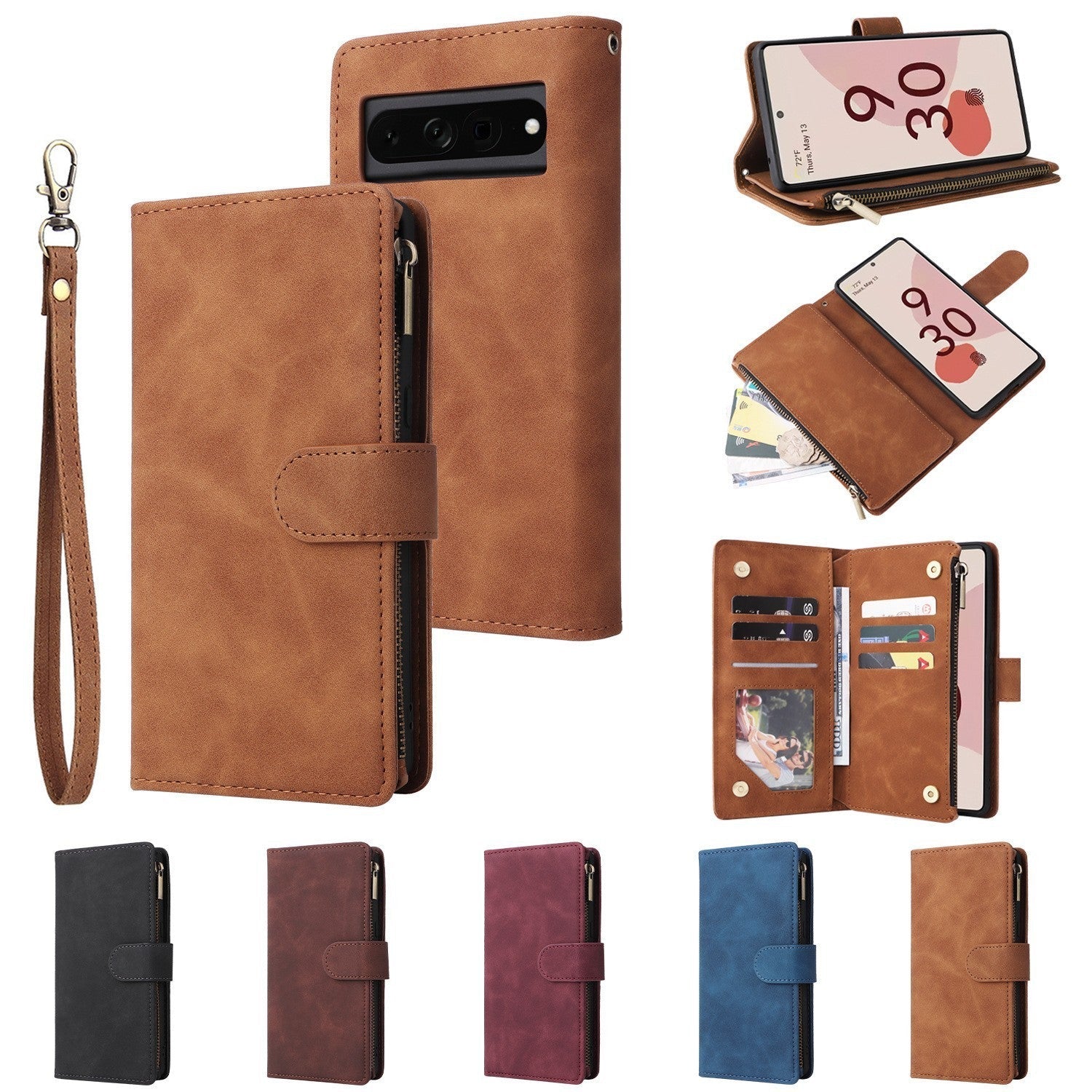 HKM-425875 Leather Zipper Card Flip Wallet Phone Case for Google Pixel Models