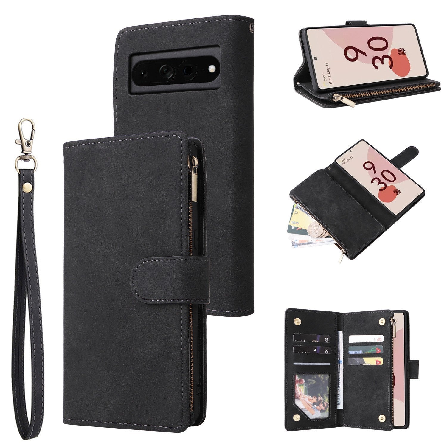 HKM-425875 Leather Zipper Card Flip Wallet Phone Case for Google Pixel Models