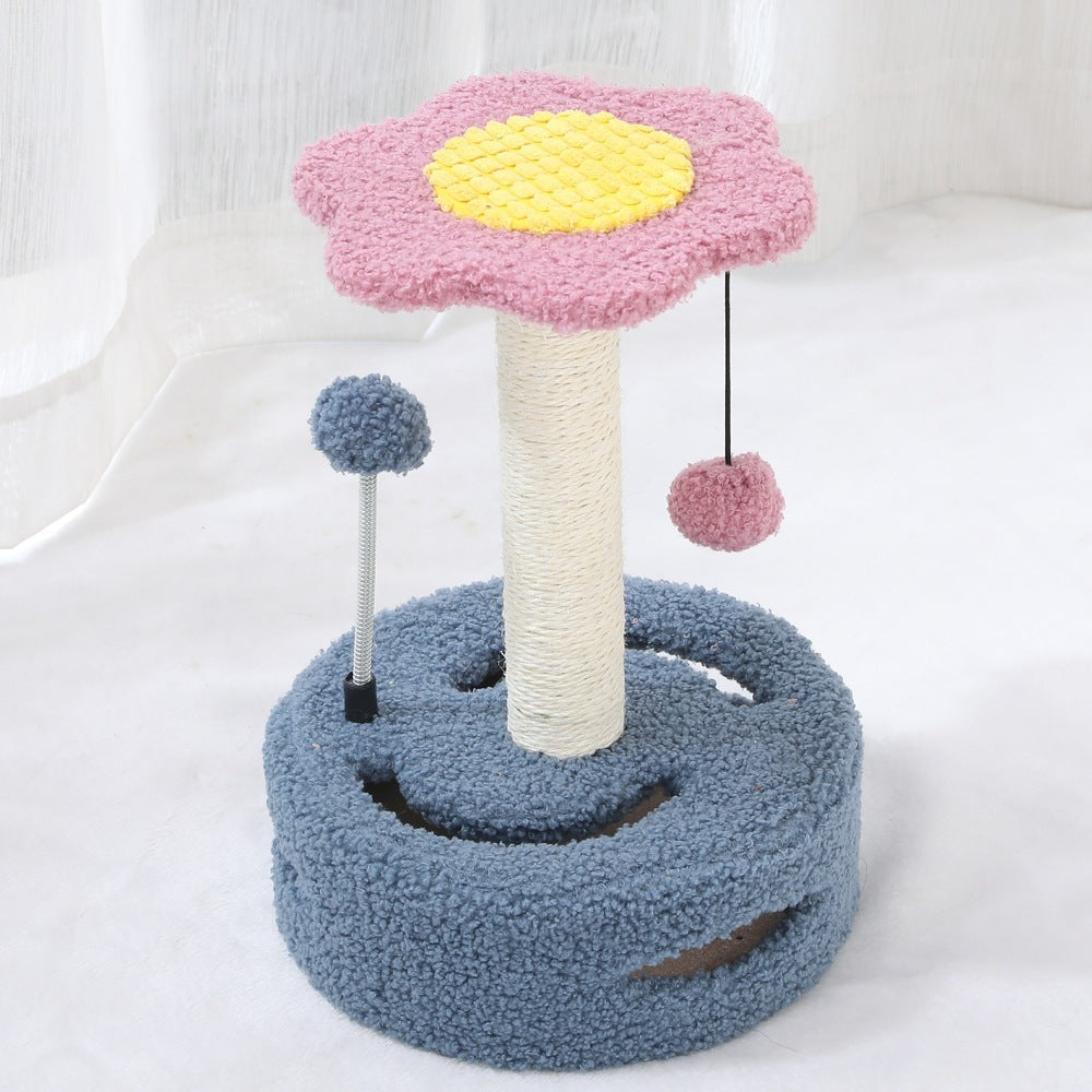 HKM-425939 Multifunctional Cat Tree with Scratching Rod and Teasing Toy, Six-Petal Sunflower Design