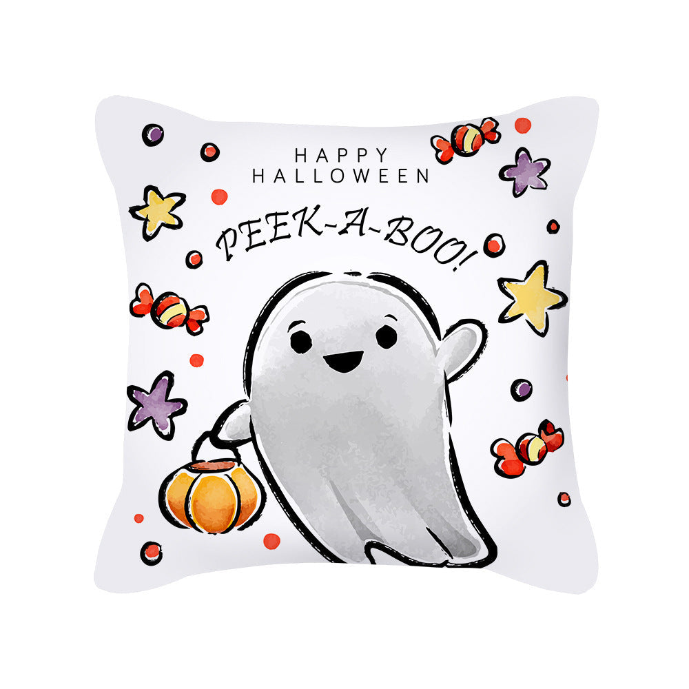 HKM-426323 Cute Pumpkin Ghost Peach Skin Halloween Pillowcase Cushion Cover – Soft Cartoon Design 45x45cm