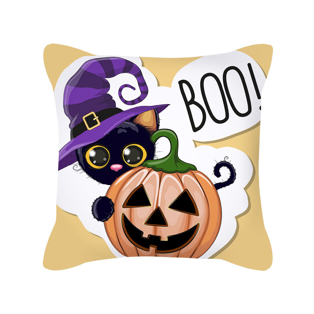HKM-426323 Cute Pumpkin Ghost Peach Skin Halloween Pillowcase Cushion Cover – Soft Cartoon Design 45x45cm