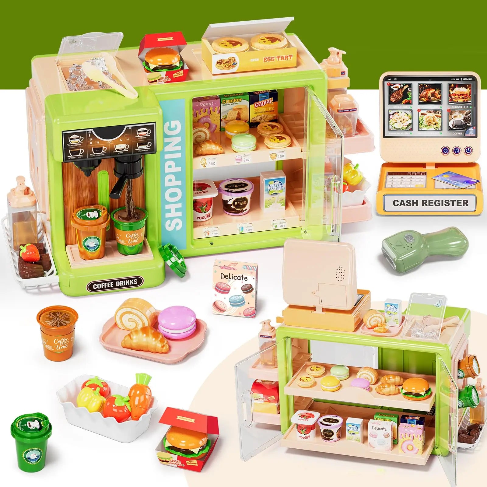 HKM-426899 5-in-1 Grocery Supermarket Toy Set with Touchscreen Cashier, Mini Coffee Maker, Play Food, and Play Money