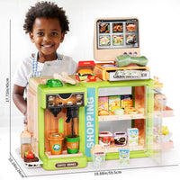 HKM-426899 5-in-1 Grocery Supermarket Toy Set with Touchscreen Cashier, Mini Coffee Maker, Play Food, and Play Money