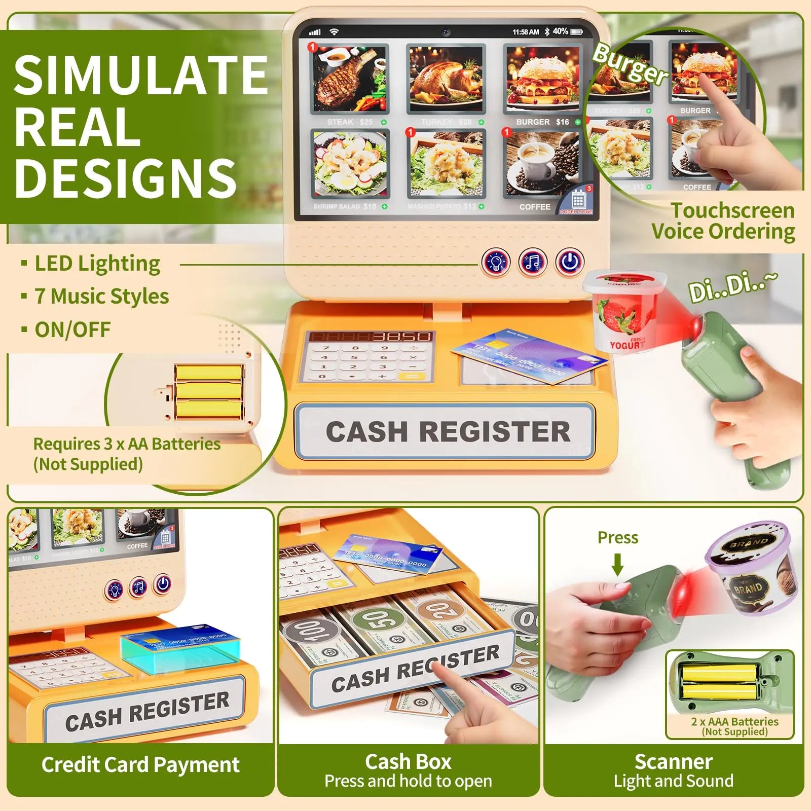 HKM-426899 5-in-1 Grocery Supermarket Toy Set with Touchscreen Cashier, Mini Coffee Maker, Play Food, and Play Money