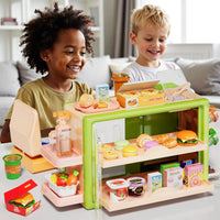 HKM-426899 5-in-1 Grocery Supermarket Toy Set with Touchscreen Cashier, Mini Coffee Maker, Play Food, and Play Money