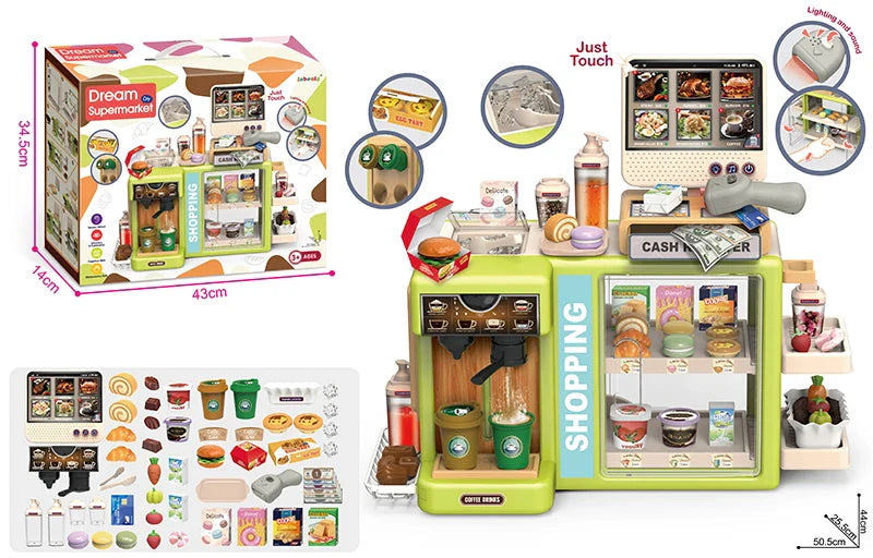 HKM-426899 5-in-1 Grocery Supermarket Toy Set with Touchscreen Cashier, Mini Coffee Maker, Play Food, and Play Money