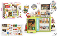 HKM-426899 5-in-1 Grocery Supermarket Toy Set with Touchscreen Cashier, Mini Coffee Maker, Play Food, and Play Money