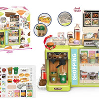 HKM-426899 5-in-1 Grocery Supermarket Toy Set with Touchscreen Cashier, Mini Coffee Maker, Play Food, and Play Money