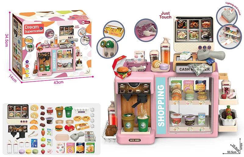 HKM-426899 5-in-1 Grocery Supermarket Toy Set with Touchscreen Cashier, Mini Coffee Maker, Play Food, and Play Money