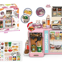 HKM-426899 5-in-1 Grocery Supermarket Toy Set with Touchscreen Cashier, Mini Coffee Maker, Play Food, and Play Money