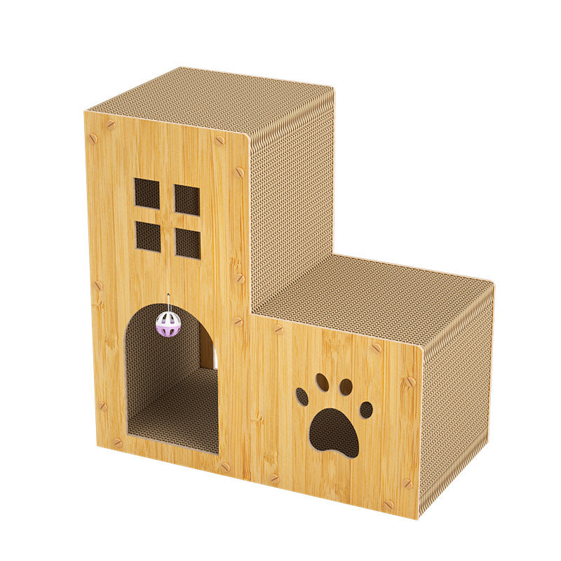 HKM-427091 Corrugated Paper Multifunctional Cat Scratch Board with Toy Ball - Cat Nest Villa Style