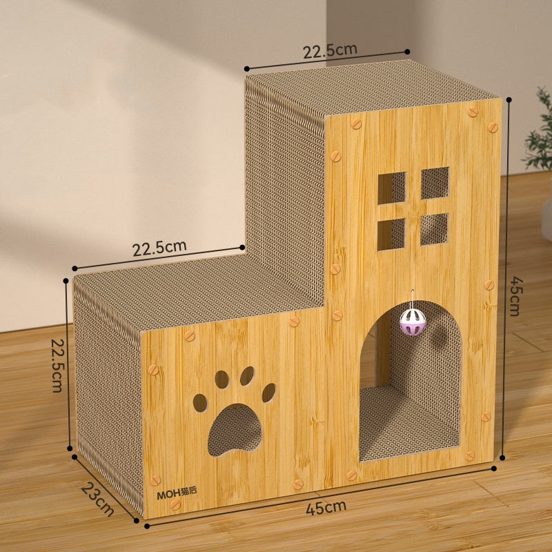HKM-427091 Corrugated Paper Multifunctional Cat Scratch Board with Toy Ball - Cat Nest Villa Style