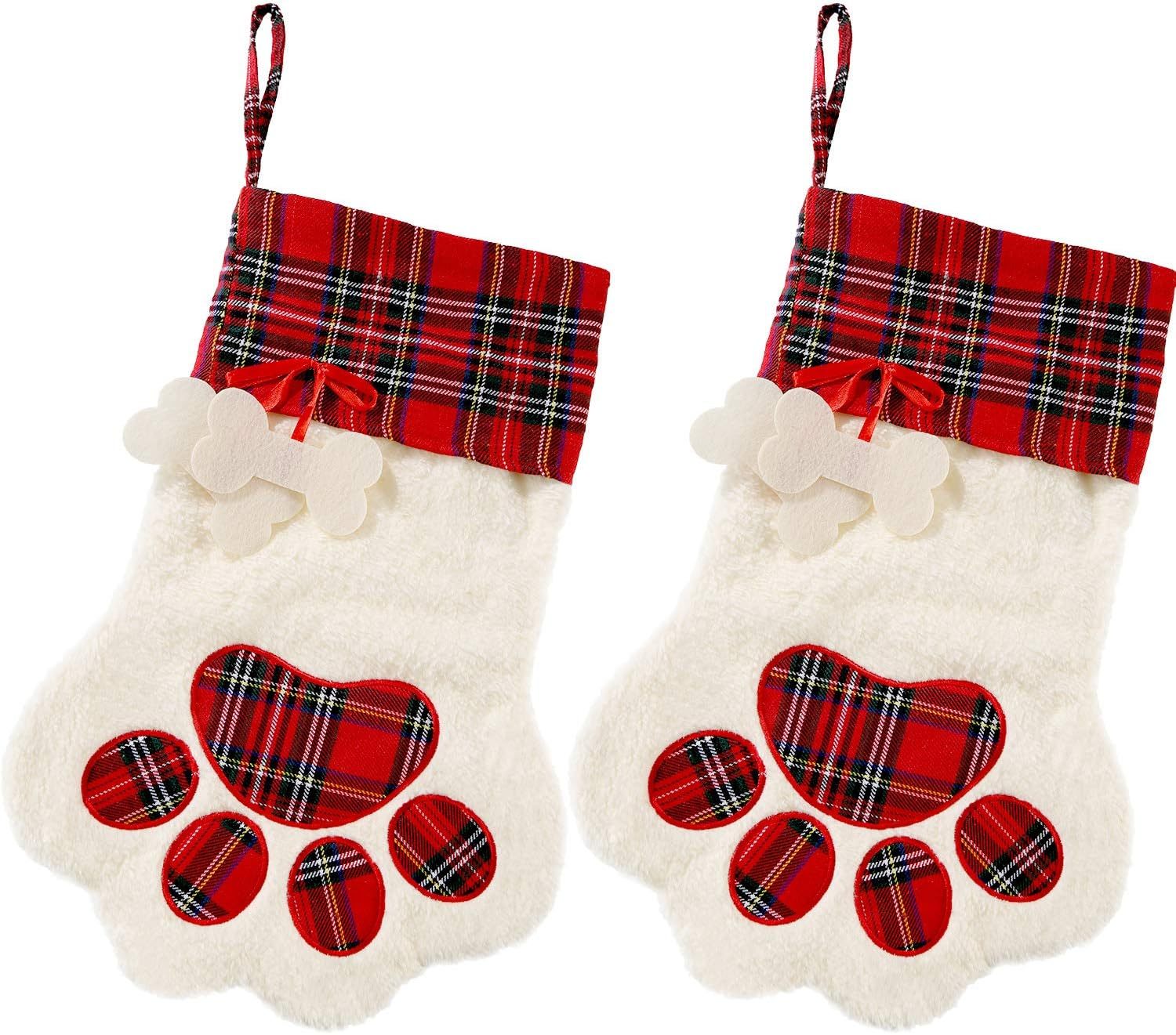 HKM-427219 Buffalo Plaid Pet Stockings with Paw Pattern for Dogs and Cats - Holiday Hanging Decor