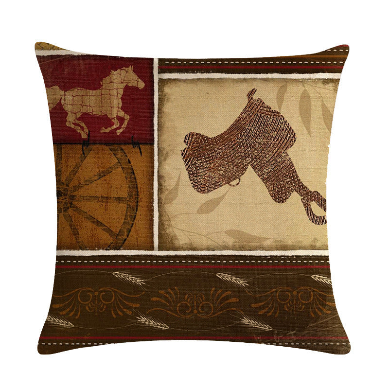 HKM-427219 Cowboy Themed Decorative Throw Pillow Cushion Covers - 45cm x 45cm, Printed Front, Plain Cotton Linen Back