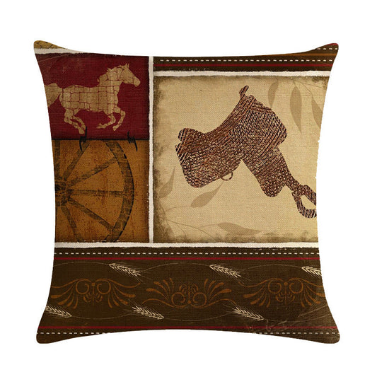 HKM-427219 Cowboy Themed Decorative Throw Pillow Cushion Covers - 45cm x 45cm, Printed Front, Plain Cotton Linen Back