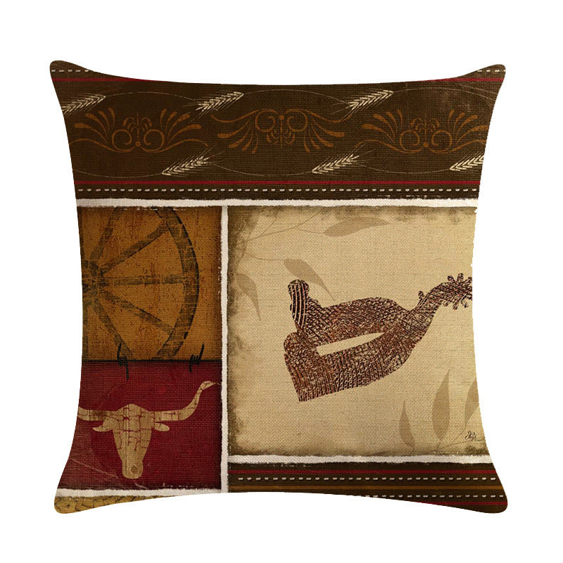 HKM-427219 Cowboy Themed Decorative Throw Pillow Cushion Covers - 45cm x 45cm, Printed Front, Plain Cotton Linen Back