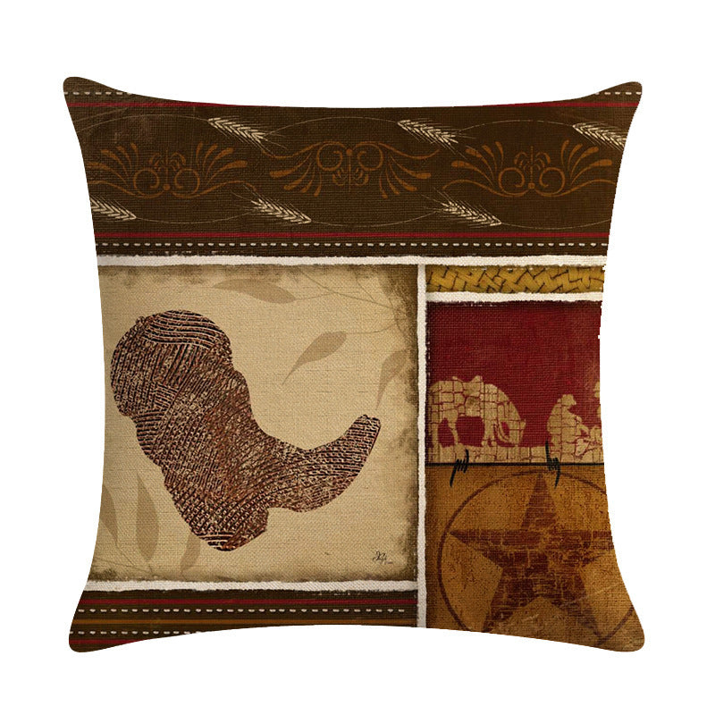 HKM-427219 Cowboy Themed Decorative Throw Pillow Cushion Covers - 45cm x 45cm, Printed Front, Plain Cotton Linen Back