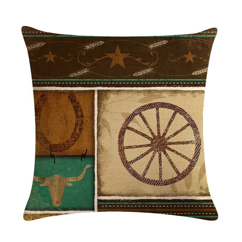 HKM-427219 Cowboy Themed Decorative Throw Pillow Cushion Covers - 45cm x 45cm, Printed Front, Plain Cotton Linen Back